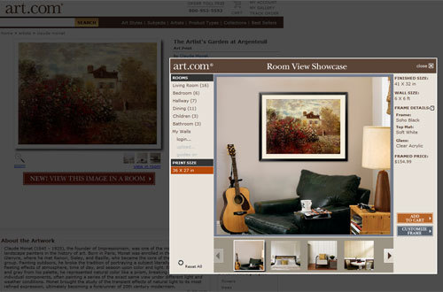 Screen capture from the Art.com website showing an in-room view with the product detail page in the background