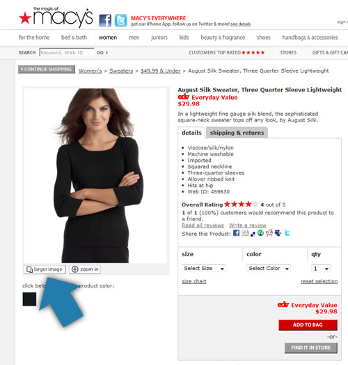 Screen capture show a Macy's product detail page, with larger image button.