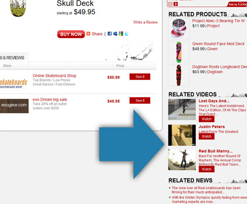 Screen captures shows the product detail page sidebar on Skateboard.com