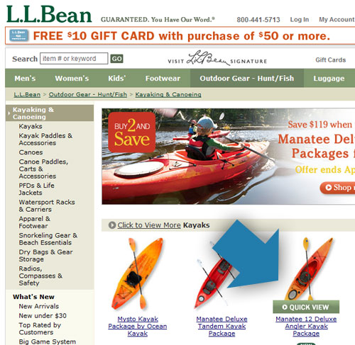 Screen capture of the LLBean website showing a quick view link