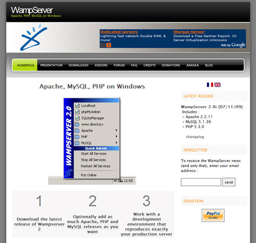 Screen capture of the WAMP web site