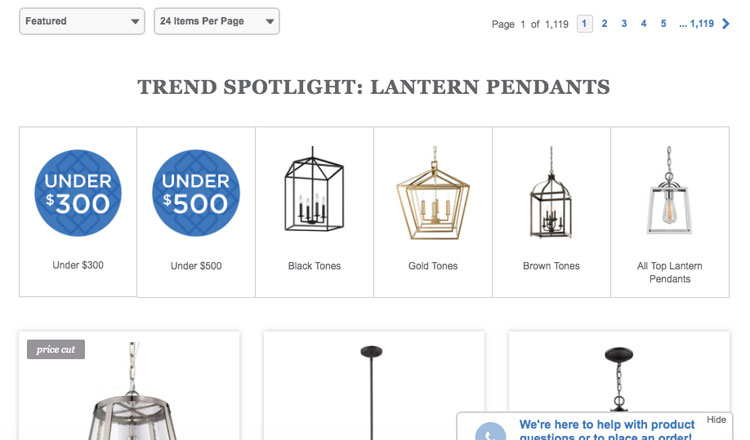 lampsplus guided selling on search page