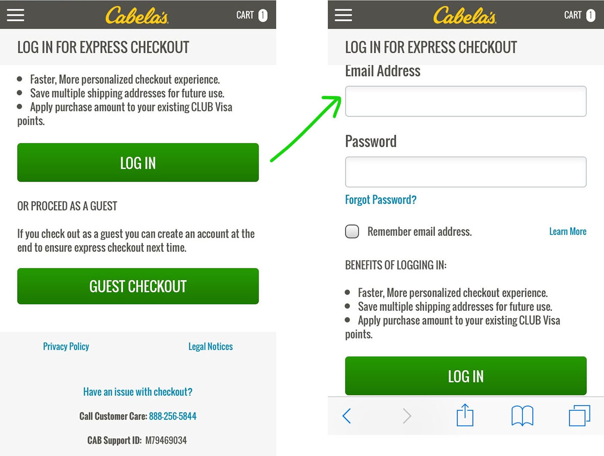 expand log in fields first step of mobile checkout